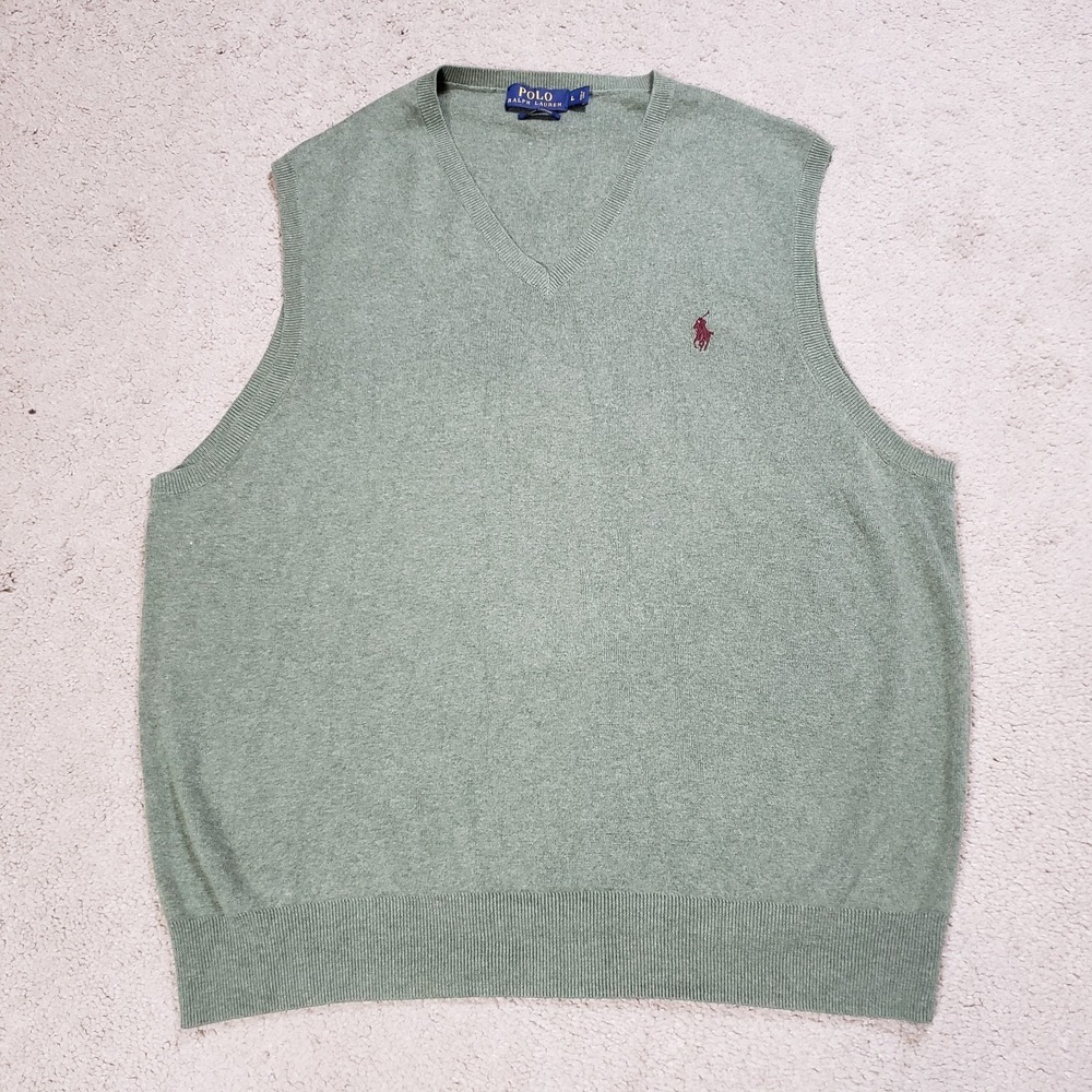 Polo Ralph Lauren Mens V Neck Sweater Vest Sz Large Green Red Pony Pima Cotton